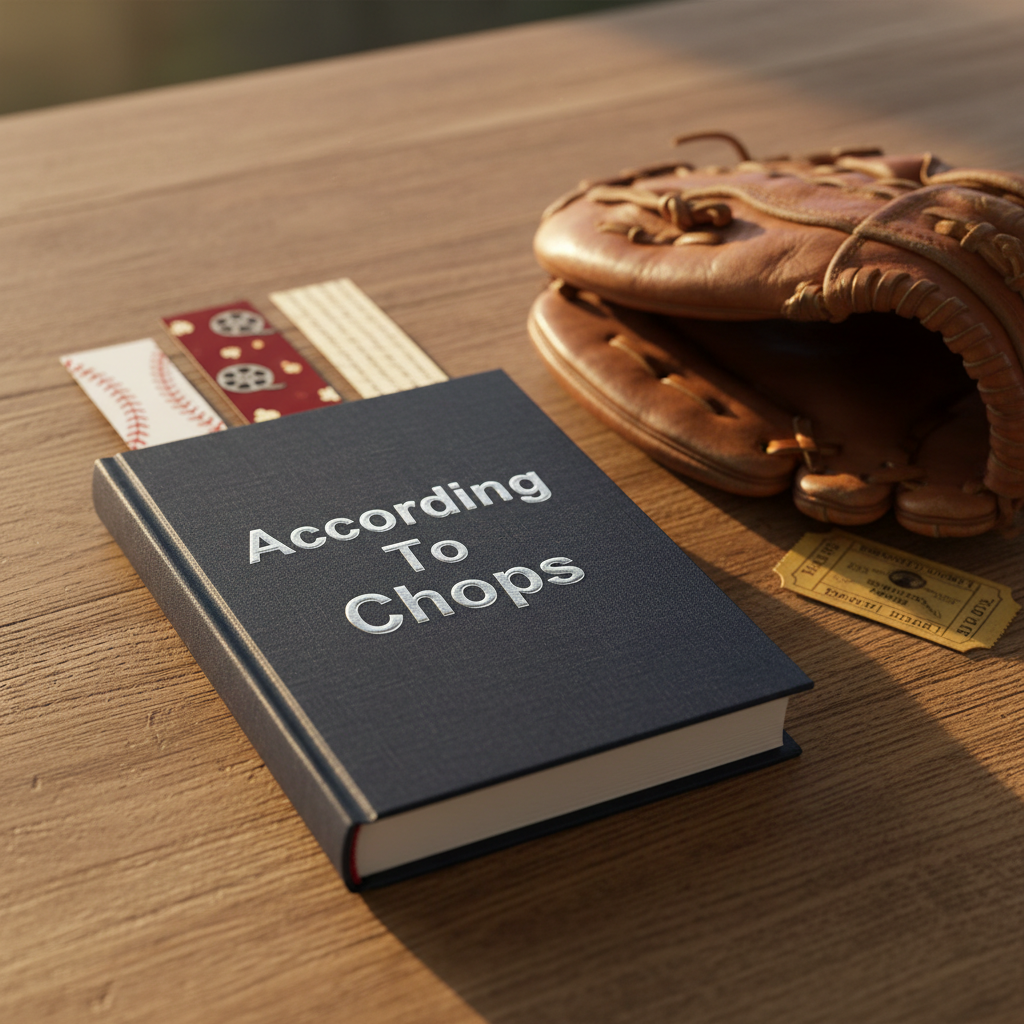 A close-up of a dark navy hardcover journal embossed with the title “According To Chops” in metallic silver, resting on a rustic oak table. Tucked beneath the cover edge are three bookmarks peeking out, each themed differently: one patterned with tiny baseball stitches, one with film reels and popcorn, and one with delicate scriptural text. A classic leather baseball glove lies folded nearby, its rich brown leather showing subtle creases, and a single vintage film ticket stub sits beside it. Warm golden-hour sunlight streams in from the side, casting elongated shadows and a soft, contemplative glow. Photographic realism, shallow depth of field, with the journal’s title in razor-sharp focus and the glove and ticket gently blurred, evoking a thoughtful, reflective mood.