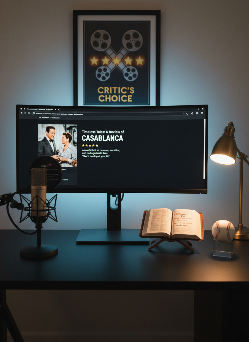 A large ultra-wide curved monitor on a clean matte black desk displaying a cinematic still of a classic film review page, surrounded by organized elements: a polished silver microphone, a small leather-bound Bible open to an encouraging verse, and a pristine white baseball balanced on a clear acrylic stand. Behind, a framed poster-style graphic of star ratings and film reels decorates a softly blurred wall. Cool, diffused LED backlighting creates a subtle blue glow, contrasting with the warmer desk lamp illuminating the objects. The mood is focused and analytical yet calm, captured in photographic realism from a slightly low, cinematic angle that makes the monitor and objects feel immersive and important, with crisp sharpness and gentle depth of field.