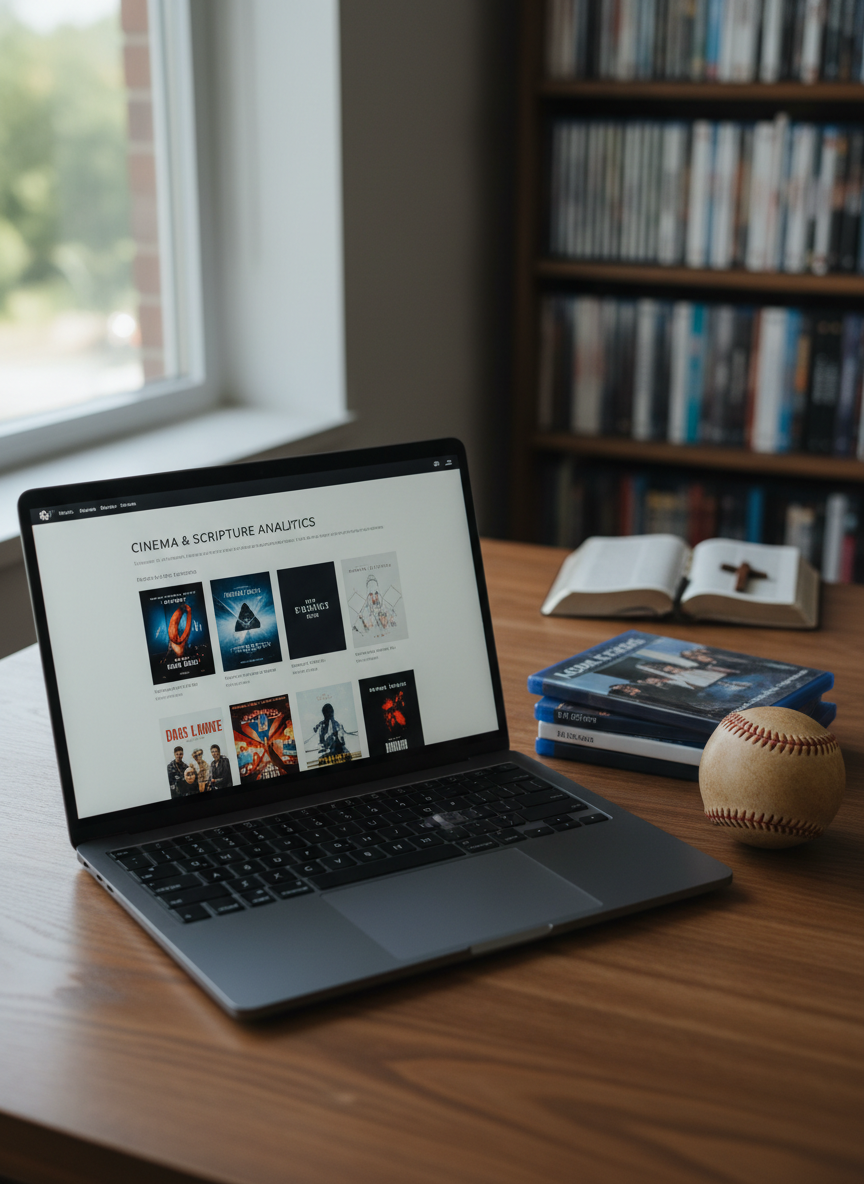 A sleek, professional flat-lay of a dark charcoal laptop open to a minimalist movie review dashboard, next to a neatly stacked trio of glossy Blu-ray cases and a well-worn leather baseball resting on the desk. The surface is a warm walnut wood with subtle grain, set near a large window. Soft afternoon natural light spills across the scene, creating gentle highlights on the disc cases and a satin sheen on the baseball’s stitching. Background elements, like a blurred bookshelf with neatly aligned movie spines and a small open Bible, fade into a soft bokeh. Photographic realism, eye-level angle slightly elevated, clean composition emphasizing a balanced blend of cinema, scripture, and baseball analysis.